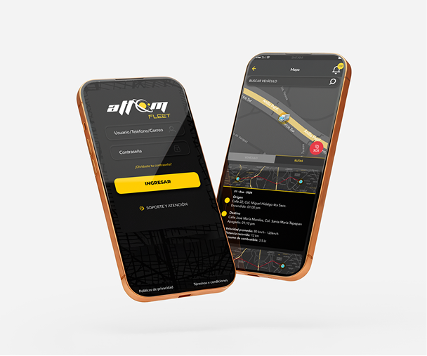 Interfaz móvil de Attom Fleet en un mockup, mostrando el dashboard de monitoreo vehicular y geolocalización de flotas.