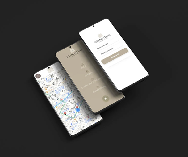 Mockup de dispositivo móvil que muestra la interfaz de usuario premium para Grand Velas, destacando el diseño UX para el sector de hospitalidad de lujo.