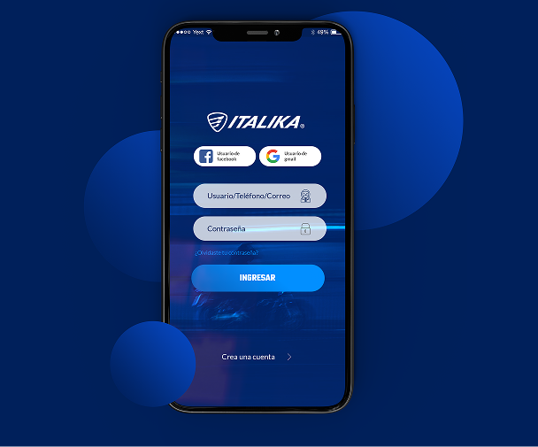 Mockup de smartphone con la aplicación Italika Conectada, ilustrando la telemetría y conectividad IoT para motocicletas.